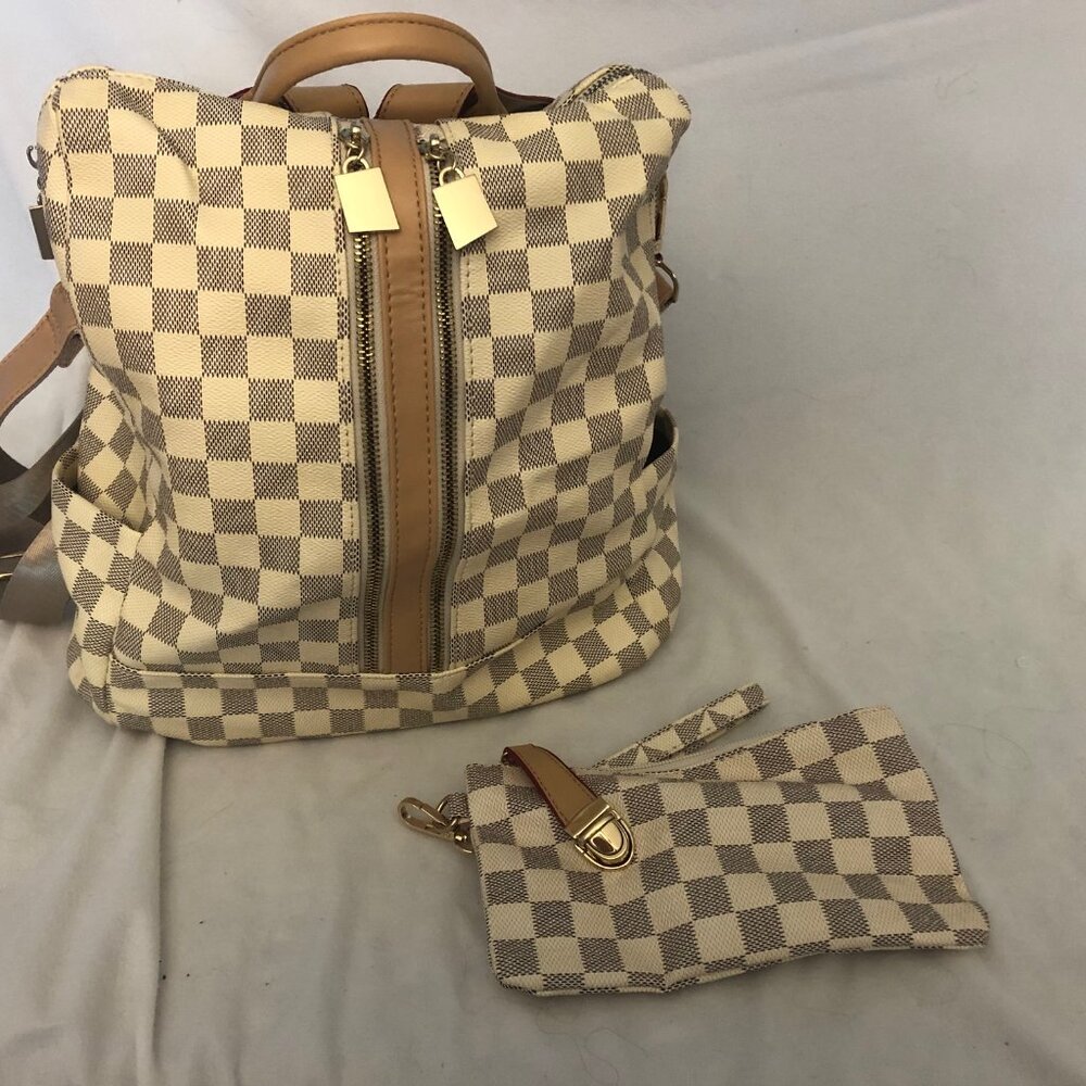 Grey & White Checkered Backpack & Matching Wristlet